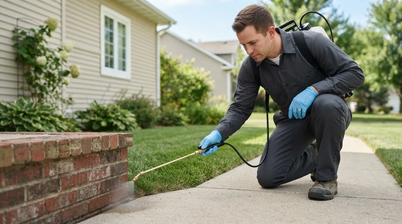 Pest control technician treating a home near Vallecitos, NM